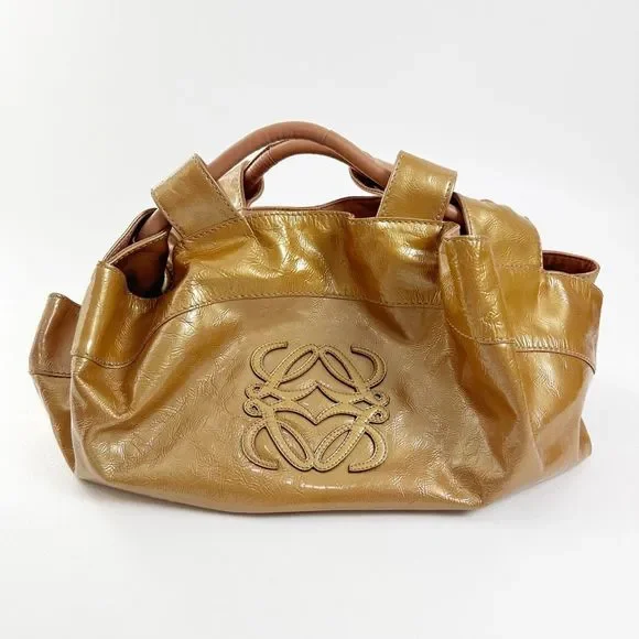 LOEWE Aire Bronze Gold Metallic Patent Leather Bag Medium Top Handle Crinkled - Picture 3 of 15